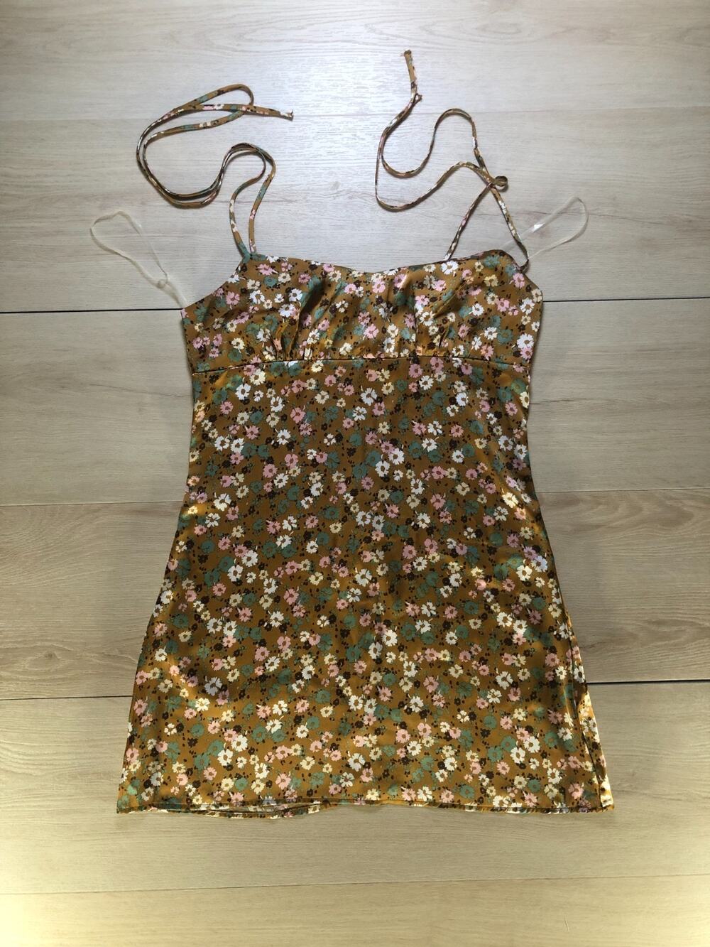 LUSH Mustard Floral Satin Slip Dress Medium [0034]